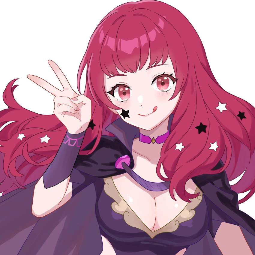 1girl :q absurdres arm_up black_cape blush bodysuit breasts cape choker cleavage clothing_cutout commentary_request facial_mark fire_emblem fire_emblem_engage hair_ornament hand_up highres long_hair looking_at_viewer medium_breasts n_54 nintendo pink_choker purple_bodysuit red_eyes red_hair side_cutout smile solo star_(symbol) star_facial_mark star_hair_ornament tongue tongue_out transparent_background upper_body v yunaka_(fire_emblem)