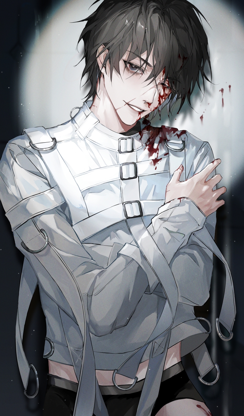 1boy absurdres alternate_universe arm_belt belt belt_buckle black_eyes black_hair black_male_underwear blood blood_from_mouth blood_on_clothes blood_on_face blood_on_hands blood_on_leg buckle chest_harness chinese_commentary cowboy_shot crossed_arms dao_gui_yi_xian grin hair_between_eyes harness highres injury li_huowang li_huowang_(modern_world) long_sleeves looking_at_viewer male_focus male_underwear moon nidexintu nosebleed o-ring official_alternate_costume official_alternate_hair_length official_alternate_hairstyle one_eye_closed parted_lips restrained scar scar_on_face shirt short_hair smile solo spotlight straitjacket strap teeth underwear white_belt white_shirt