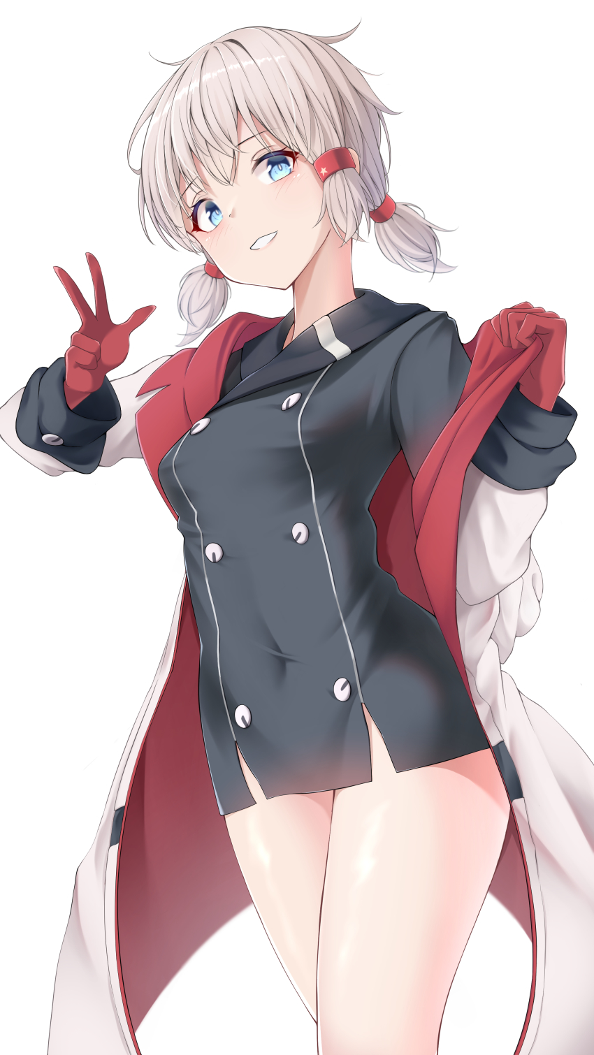 1girl absurdres azur_lane black_dress blue_eyes breasts buttons cien_(shikanokuni) coat covered_navel denver_(azur_lane) double-breasted dress gloves grey_hair highres microdress multicolored_coat open_clothes open_coat red_coat red_gloves short_hair simple_background small_breasts solo taut_clothes taut_dress twintails two-tone_coat white_background white_coat