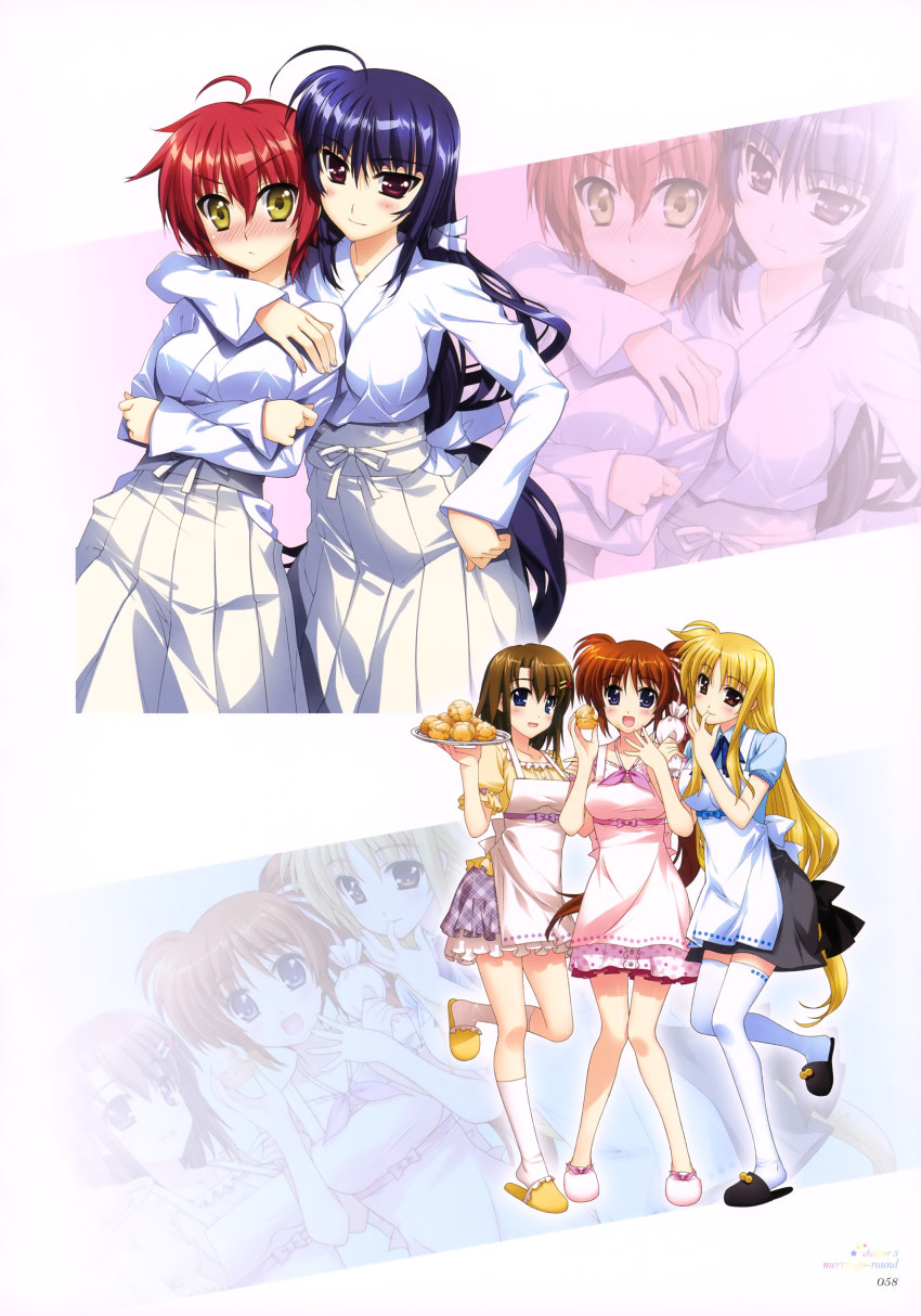 10s 5girls :d absurdres ahoge apron blonde_hair blue_eyes blush bow brown_hair crossed_arms fate_testarossa food fujima_takuya hair_bow hair_ornament hair_ribbon hand_on_own_hip highres hug japanese_clothes long_hair low-tied_long_hair lyrical_nanoha mahou_shoujo_lyrical_nanoha_vivid mikaya_chevelle miko multiple_girls nove_(nanoha) numbers_(nanoha) official_art open_mouth pastry plate purple_eyes purple_hair red_eyes red_hair ribbon sandals short_hair side_ponytail skirt smile takamachi_nanoha thighhighs tress_ribbon very_long_hair white_legwear x_hair_ornament yagami_hayate yellow_eyes zoom_layer