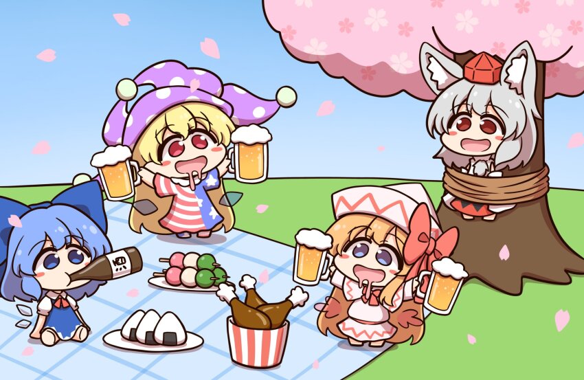 4girls american_flag american_flag_dress american_flag_print american_flag_shirt animal_ears beer_mug blonde_hair blue_bow blue_dress blue_eyes blue_hair blush blush_stickers bound bow check_commentary cherry_blossoms chibi chicken_(food) cirno clownpiece commentary commentary_request cup day detached_sleeves detached_wings dress fairy fairy_wings flag_print food hair_bow hat highres ice ice_wings inubashiri_momiji jester_cap kourindou_tengu_costume lily_white long_hair mug multiple_girls onigiri open_mouth picnic_blanket polka_dot polka_dot_headwear print_shirt puffy_short_sleeves puffy_sleeves purple_hat red_bow red_eyes red_hat rock shirt shitacemayo short_hair short_sleeves star_(symbol) star_print striped_clothes striped_dress tail tengu tied_up_(nonsexual) tokin_hat touhou translation_request transparent_wings tree white_dress white_hair white_hat wings wolf_ears wolf_girl wolf_tail