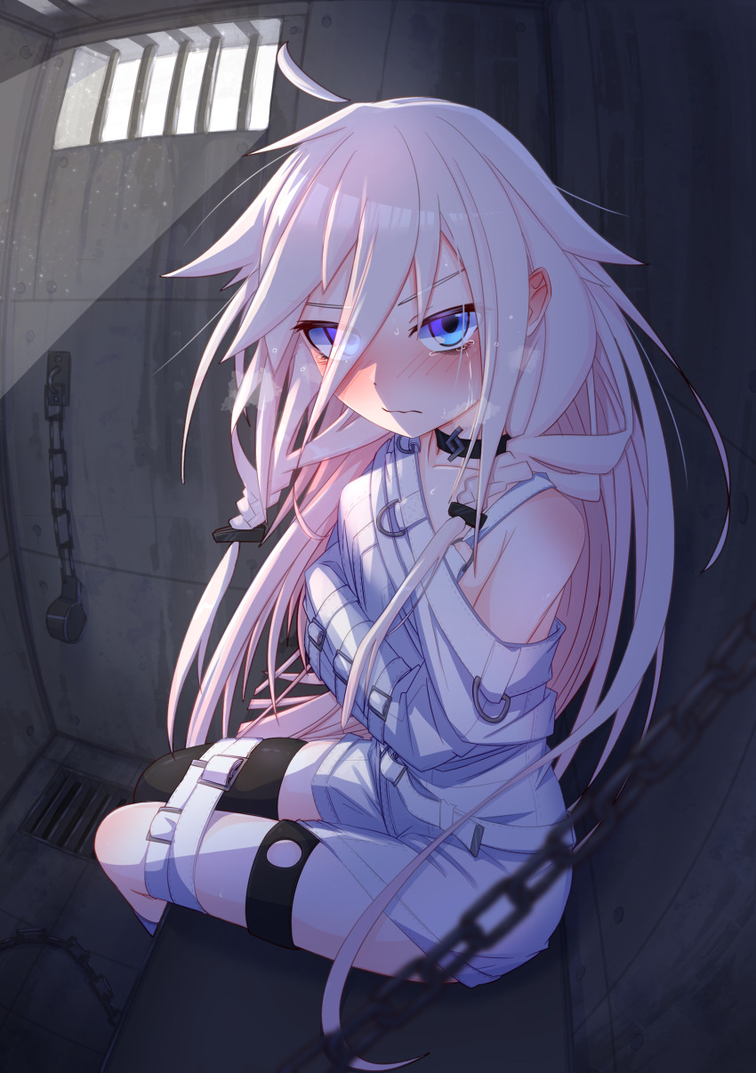 1girl absurdres barred_window blue_eyes blush bound bound_arms bound_legs chain choker collarbone commentary_request highres ia_(vocaloid) indoors long_hair looking_at_viewer menou_74 pink_hair prison_cell single_bare_shoulder single_thighhigh sitting solo straitjacket tearing_up thighhighs vocaloid