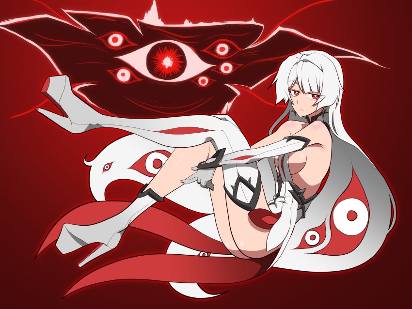 1girl absurdres asymmetrical_legwear bare_shoulders black_dress boots breasts design_speculation dress elbow_gloves extra_eyes genshin_impact gloves highres imtmcomics long_hair personification red_eyes ronova_(genshin_impact) sideboob thigh_boots white_boots white_gloves white_hair