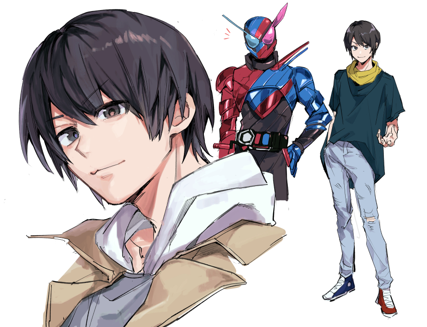 1boy animal_ears armor belt blue_armor blue_footwear build_driver denim helmet heterochromia highres ichiya1115 jeans kamen_rider kamen_rider_build kamen_rider_build_(series) kiryuu_sento male_focus pants rabbit+tank_form red_armor red_footwear rider_belt solo tokusatsu