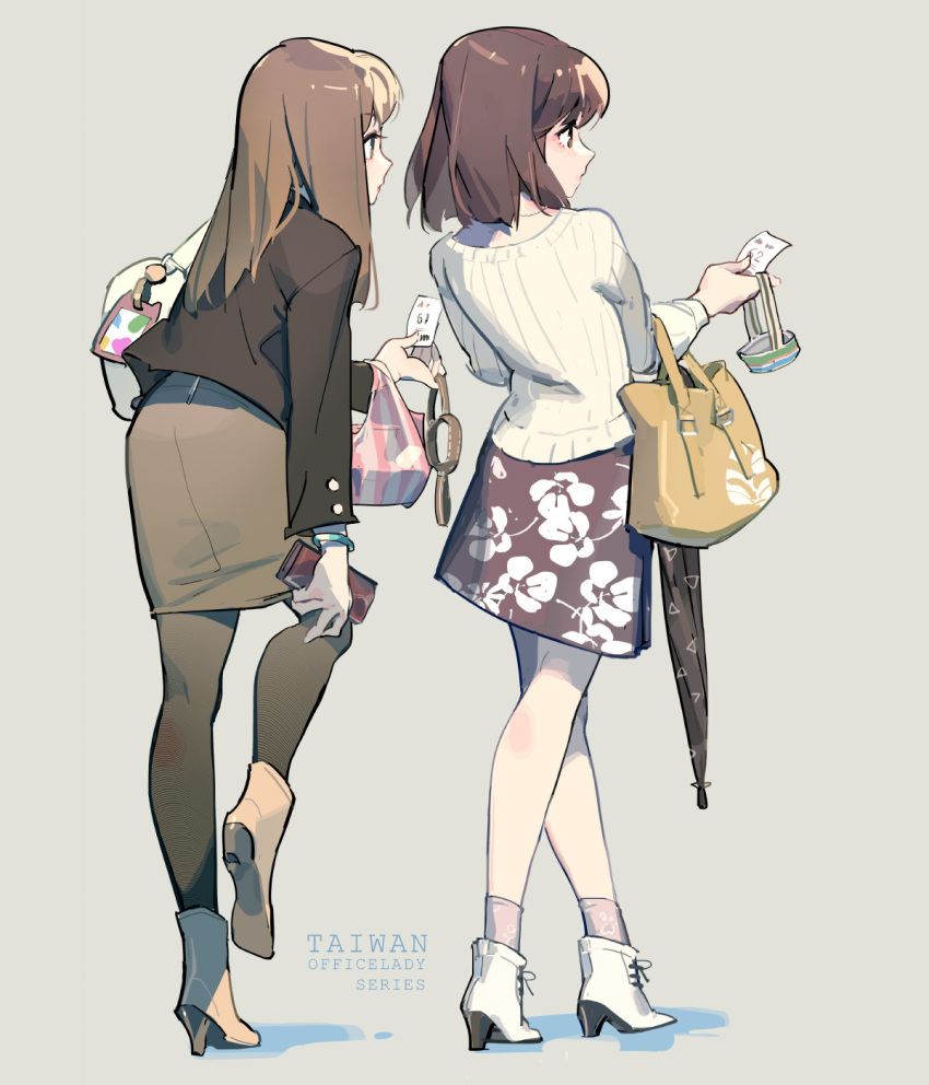 2girls ankle_boots boots brown_eyes brown_hair brown_jacket brown_pantyhose brown_skirt chinese_commentary commentary_request elbow_carry floral_print from_behind grey_background high_heel_boots high_heels highres holding holding_wallet jacket lace-up_boots long_hair long_sleeves looking_to_the_side multiple_girls office_lady_taiwan original pantyhose pencil_skirt pink_bag ribbed_sweater short_hair simple_background skirt socks sweater tennohi umbrella wallet white_bag white_footwear white_sweater yellow_bag