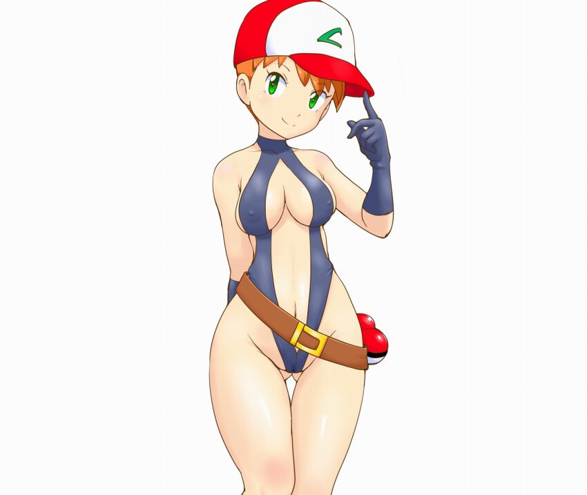 1girl alternate_hair_color arm_behind_back asymmetrical_hair baseball_cap belt black_eyes black_gloves blush bodysuit breasts cameltoe cleavage closed_mouth cosplay covered_erect_nipples cowboy_shot curvy feet_out_of_frame female_focus gloves green_eyes grin hat highleg highleg_one-piece_swimsuit large_breasts latex legs leotard looking_at_viewer medium_hair misty_(pokemon) navel nintendo one-piece_swimsuit orange_hair poke_ball poke_ball_(basic) pokemon pokemon:_the_electric_tale_of_pikachu pokemon_(anime) pokemon_(classic_anime) ponytail shiny_clothes shiny_skin short_hair side_ponytail simple_background slingshot_swimsuit smile solo standing stomach swimsuit thick_thighs thigh_gap thighs tof white_background wide_hips