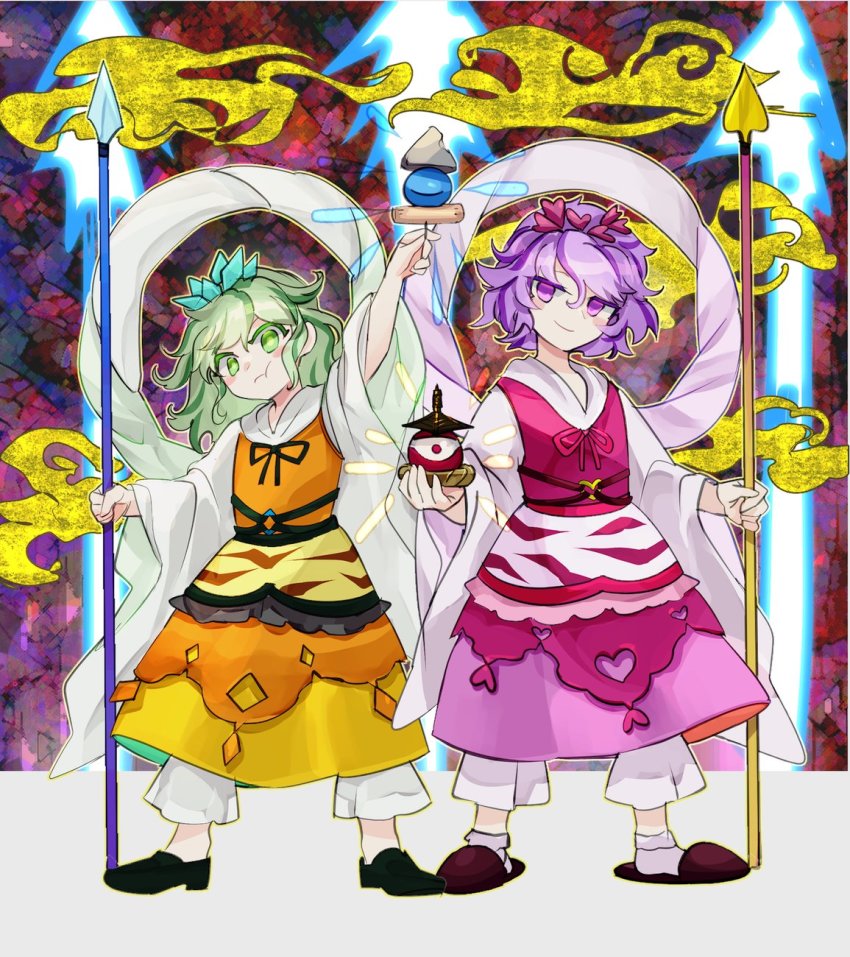 2girls :t animal_print arm_up bishamonten&#039;s_pagoda bishamonten&#039;s_spear black_footwear black_ribbon blush_stickers chamaruk closed_mouth commentary cosplay diamond_hair_ornament diamond_o-ring dress eyebrows_hidden_by_hair full_body glowing green_eyes green_hair hair_ornament heart heart_hair_ornament heart_o-ring highres holding holding_polearm holding_weapon hooded_dress komeiji_koishi komeiji_satori loafers long_sleeves multiple_girls neck_ribbon o-ring pink_dress pink_ribbon pink_socks polearm pout purple_hair red_footwear ribbon shoes short_hair shorts siblings sisters slippers smile socks standing third_eye tiger_print toramaru_shou toramaru_shou_(cosplay) touhou weapon white_legwear white_shorts white_sleeves wide_sleeves yellow_dress