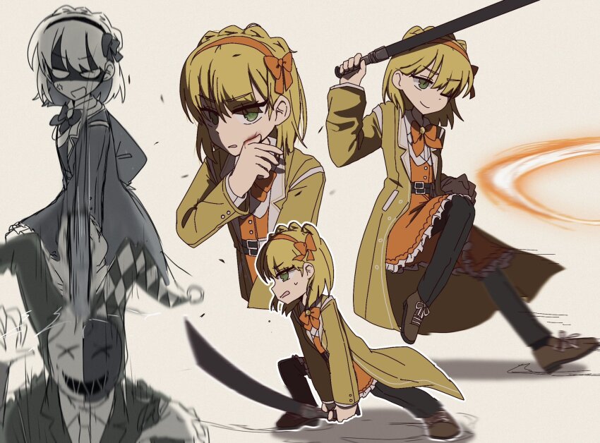 1boy 1girl black_leggings blonde_hair bow bowtie braid brown_shoes coat crown_braid distortion_(project_moon) dress full_body green_eyes hairband hat highres holding holding_sword holding_weapon jester_cap june_blues lapels leggings library_of_ruina long_sleeves looking_at_viewer medium_hair multiple_views orange_bow orange_bowtie orange_dress orange_hairband oswald_(project_moon) project_moon shirt shoes simple_background solo_focus standing sword tiphereth_a_(project_moon) weapon white_shirt yellow_coat