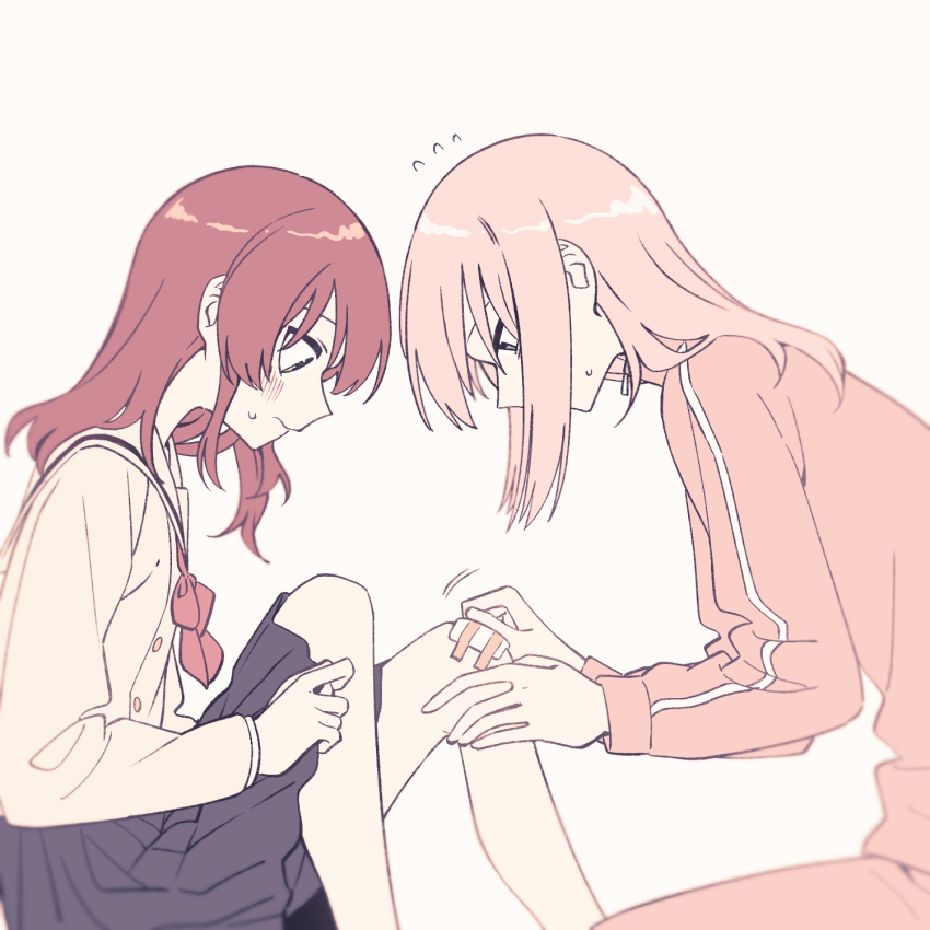 2girls bandaid blue_eyes bocchi_the_rock! gotoh_hitori highres kita_ikuyo kneeling long_hair multiple_girls neonfloyd pink_hair pink_track_suit red_hair school_uniform sitting sweatdrop track_suit
