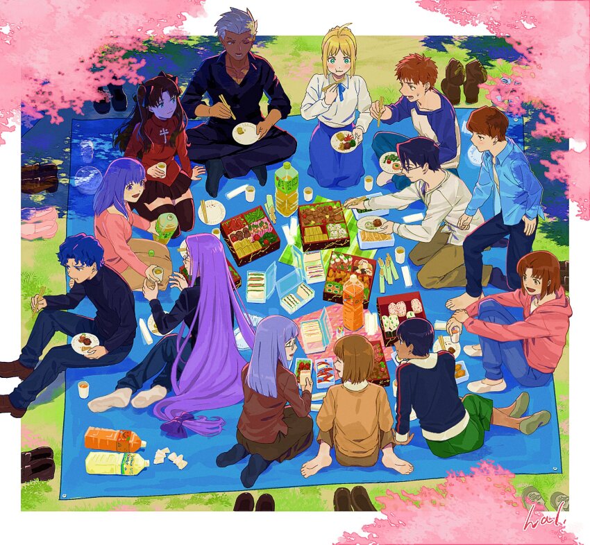 5boys 6+girls ahoge artoria_pendragon_(fate) barefoot black_shirt black_skirt black_socks black_thighhighs blonde_hair blue_pants blue_ribbon blue_skirt blush bow braid brown_footwear brown_hair brown_shirt brown_skirt cherry_blossoms chopsticks circle_formation collarbone cup dark-skinned_male dark_skin eating emiya_shirou fate/stay_night fate_(series) food from_above glasses green_eyes green_tea hair_bow hal_(haaaalhal) highres himuro_kane holding holding_chopsticks holding_cup holding_plate indian_style juice kneeling long_hair long_sleeves looking_at_another looking_at_food lower_teeth_only makidera_kaede matou_sakura matou_shinji medusa_(fate) medusa_(rider)_(fate) mitsuzuri_ayako multiple_boys multiple_girls one_eye_closed open_mouth orange_juice pants picnic pink_shirt plate purple_bow purple_eyes purple_hair raglan_sleeves ribbon ryuudou_issei saber_(fate) saegusa_yukika shirt sitting skirt smile socks spring_(season) sushi sweatdrop tan tea teeth thighhighs tohsaka_rin unworn_footwear very_long_hair wariza white_hair white_socks