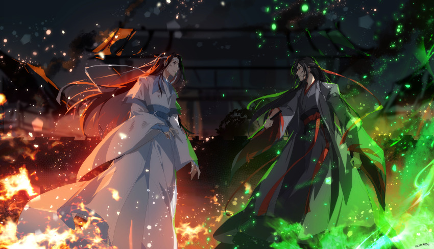 2boys absurdres architecture artist_name black_hair dated dirty dirty_face east_asian_architecture eye_contact fire flute green_fire hair_ribbon headband highres instrument lan_wangji long_hair looking_at_another modao_zushi multiple_boys muse_(rainforest) outdoors profile red_eyes red_ribbon ribbon standing wei_wuxian wei_wuxian_(yiling_laozu) white_headband white_ribbon wide_sleeves