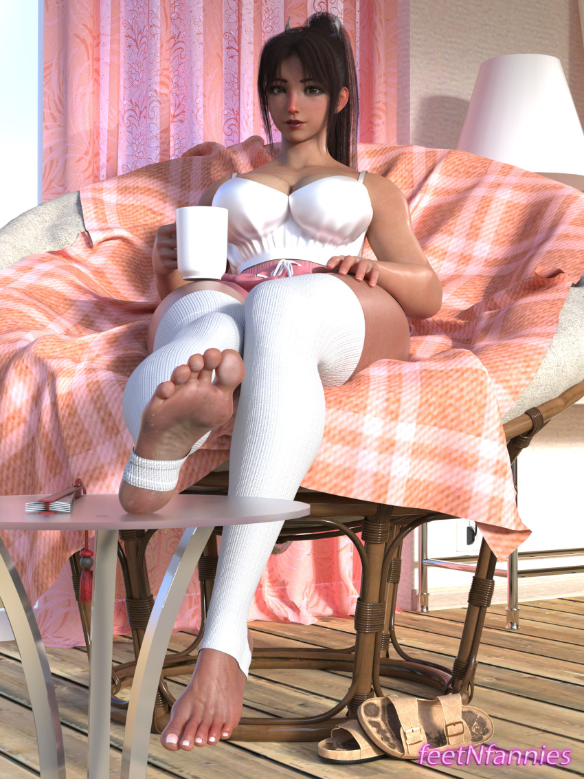 1girl 3d absurdres breasts brown_hair coffee_mug cup dirty dolphin_shorts fatal_fury feet feet_on_table feetnfannies full_body hand_fan highres large_breasts legs looking_at_viewer mug nail_polish official_alternate_costume parted_lips pink_shorts ponytail presenting_foot sandals shiranui_mai shorts sitting snk soles solo stirrup_legwear street_fighter street_fighter_6 thick_thighs thighhighs thighs toeless_legwear toenail_polish toenails toes