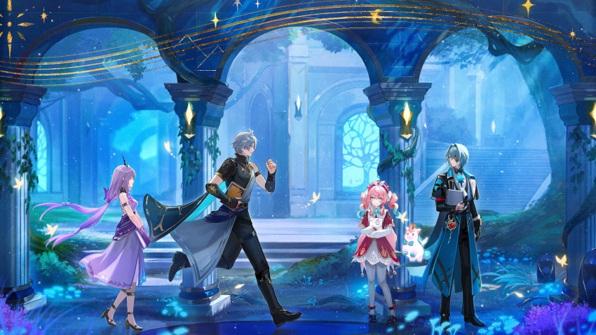 2boys 2girls absurdres anaxa_(honkai:_star_rail) animal_ears anna_(drw01) antenna_hair armlet black_boots black_gloves black_jacket black_pants black_shirt black_shoes black_tiara blue_bow blue_bowtie blue_cape blue_eyes blue_flower blue_hair body_markings book boots bow bowtie branch breasts bug butterfly butterfly_hair_ornament cape capelet castorice_(honkai:_star_rail) chrysos_heirs_(honkai:_star_rail) clenched_hand closed_eyes closed_mouth crown dress eyepatch flower full_body gauntlets gloves gold_ring gold_shoes gradient_hair greco-roman_clothes green_eyes green_hair grey_hair hair_between_eyes hair_ornament hand_up hat hat_ornament high_heels highres holding holding_book honkai:_star_rail honkai_(series) horns horse_ears horse_tail hyacine_(honkai:_star_rail) insect jacket jewelry leaf little_ica_(honkai:_star_rail) long_sleeves looking_at_another low_twintails medium_breasts multicolored_hair multiple_boys multiple_girls multiple_rings open_clothes open_jacket pants pantyhose partially_fingerless_gloves pegasus pegasus_wings phainon_(honkai:_star_rail) pink_hair pom_pom_(clothes) pom_pom_hair_ornament puffy_long_sleeves puffy_sleeves purple_dress purple_flower purple_gloves purple_hair red_capelet red_dress red_hat ring shirt shoes short_hair short_sleeves single_bare_shoulder single_glove single_horn sleeveless sleeveless_dress smile stairs standing tail teeth thigh_strap tiara tree twintails two-tone_dress two-tone_shirt walking white_dress white_pantyhose white_shirt window wings yellow_butterfly