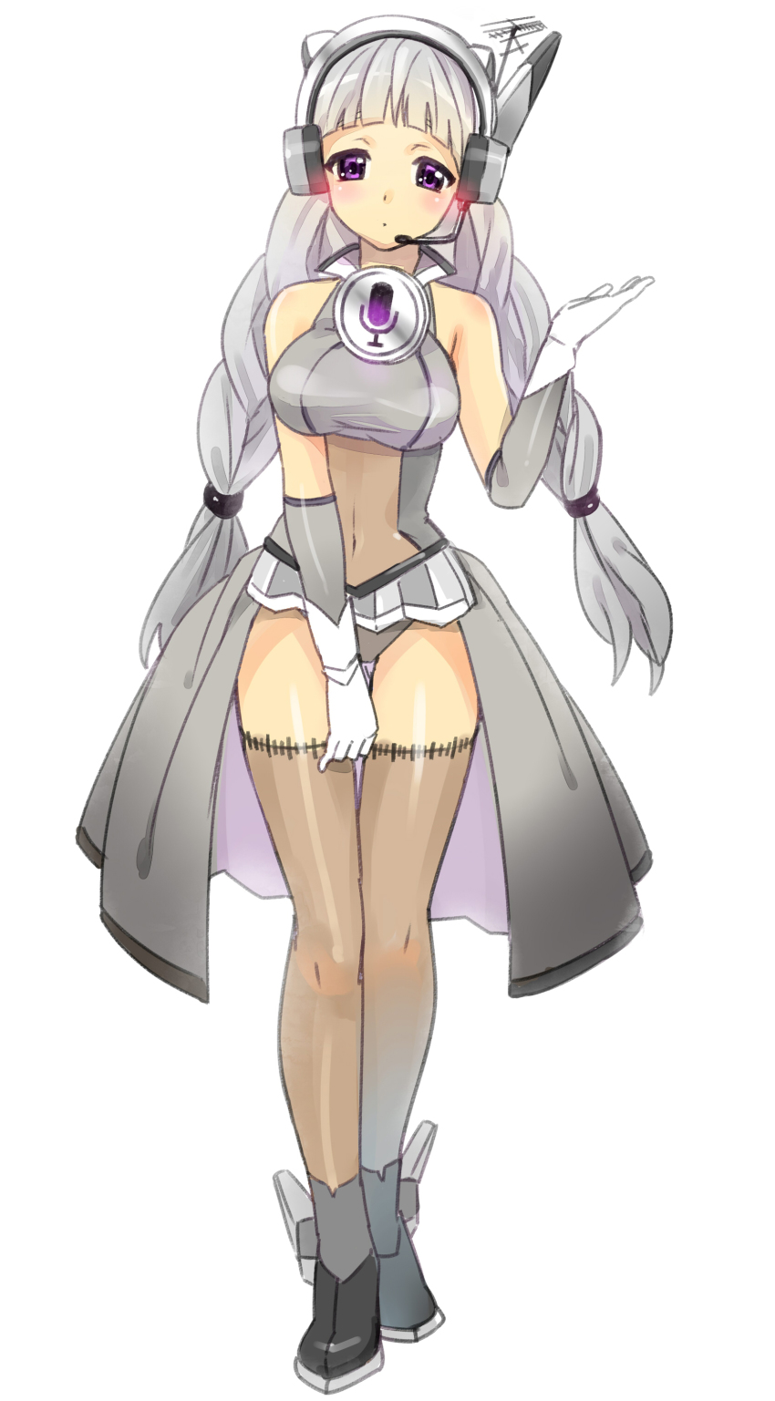 1girl absurdres antennae apple_inc. bad_id bad_pixiv_id bare_shoulders blunt_bangs boots braid breasts cellphone elbow_gloves female_focus gloves grey_hair head_tilt headphones headset highres impossible_clothes impossible_shirt iphone jamijami large_breasts long_hair looking_at_viewer navel open_clothes open_skirt personification phone purple_eyes see-through_clothes shirt showgirl_skirt simple_background siri skirt smartphone solo standing thighhighs twin_braids very_long_hair white_background white_hair