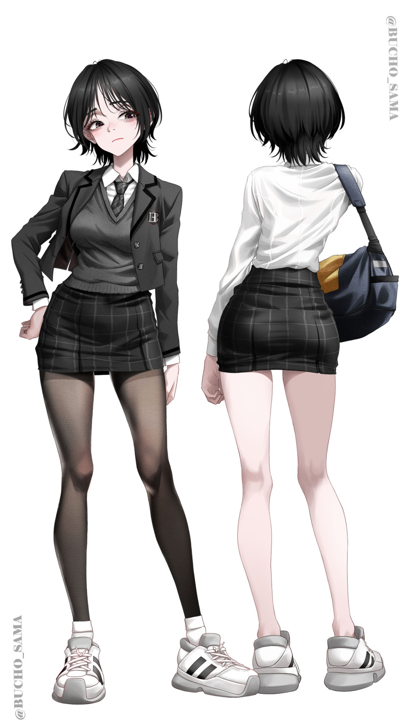 1girl absurdres ass bag black_hair black_jacket black_necktie black_pantyhose black_skirt brown_eyes bucho_sama collared_shirt commentary from_behind full_body heart heart-shaped_pupils highres jacket mole mole_under_eye multiple_views necktie original pantyhose pencil_skirt school_uniform shirt shoes short_hair shoulder_bag simple_background skirt sneakers standing symbol-shaped_pupils twitter_username white_background white_shirt white_shoes