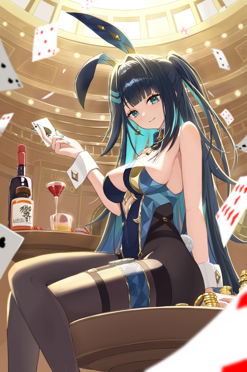 1girl abigail_(black_survival) abigail_(poker_face)_(black_survival) absurdres animal_ears bare_arms bare_shoulders black_hair black_survival blue_hair blue_leotard bottle breasts brown_pantyhose card cocktail_glass colored_inner_hair crossed_legs cup detached_collar drinking_glass eternal_return:_black_survival fake_animal_ears gold_trim hand_up highleg highleg_leotard highres holding indoors jewelry leotard long_hair looking_at_viewer medium_breasts multicolored_hair official_alternate_costume one_side_up pantyhose playboy_bunny playing_card rabbit_ears sitting solo strapless strapless_leotard thighband_pantyhose thighlet very_long_hair whoing_x2 wine_bottle wrist_cuffs