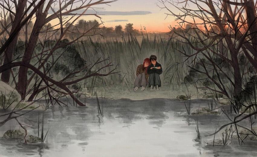 2girls androgynous bare_tree cattail closed_eyes cloud evening forest highres leaning_on_person leaning_to_the_side monlopolo multiple_girls nature original outdoors plant pond scenery short_hair sky sunset tomboy tree very_short_hair water wetland