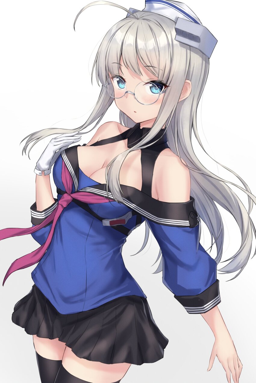 1girl absurdres ahoge asymmetrical_sidelocks black_sailor_collar black_skirt black_thighhighs blue_eyes breasts cleavage cowboy_shot dixie_cup_hat glasses gloves grey_hair hat heywood_l._edwards_(kancolle) heywood_l._edwards_kai_(kancolle) highres kantai_collection long_hair long_sleeves medium_breasts military_hat monoku neckerchief off-shoulder_shirt off_shoulder pink_neckerchief pleated_skirt sailor_collar school_uniform serafuku shirt single_glove skirt solo thighhighs white_gloves white_hat