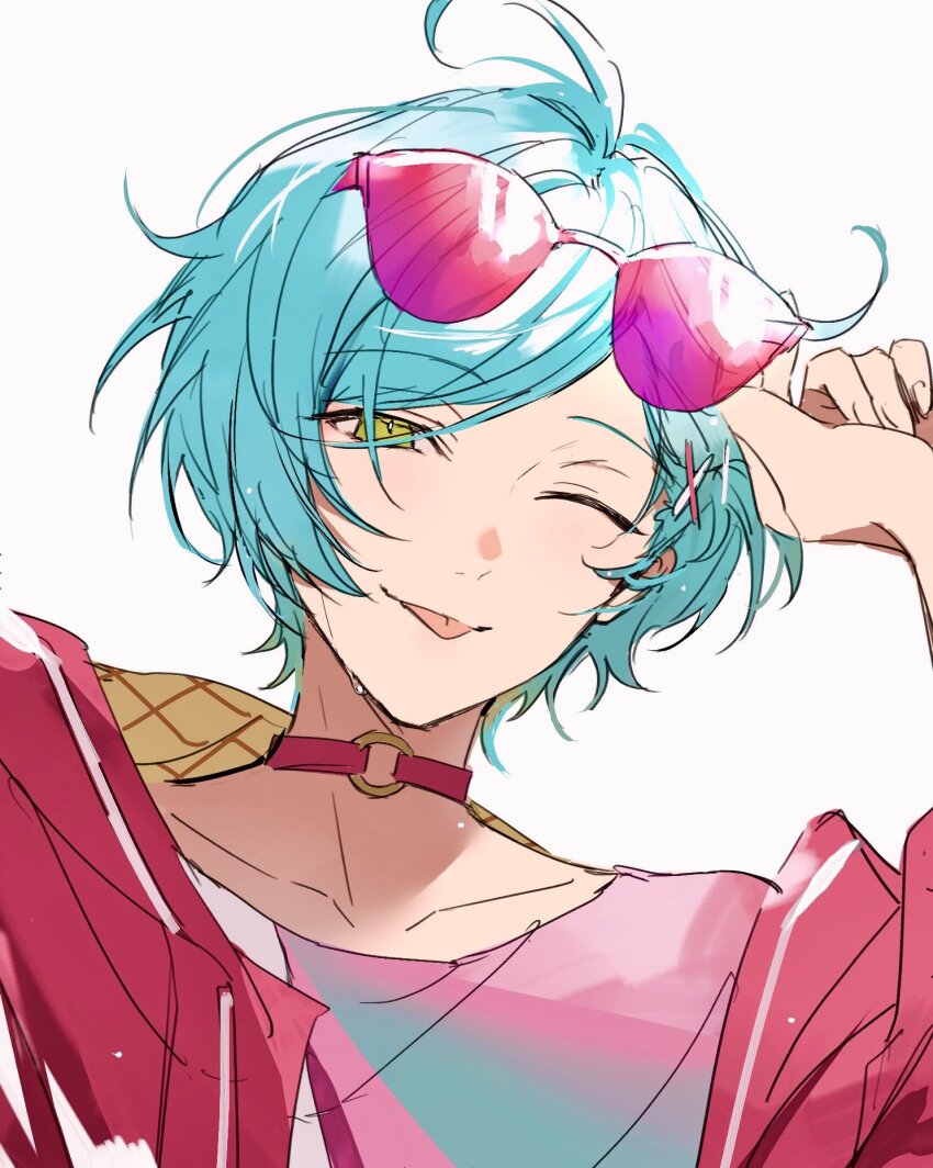 1boy :p blue_hair choker collarbone ensemble_stars! eyewear_on_head green_eyes hair_ornament hairpin half-closed_eye highres holding holding_removed_eyewear jacket looking_at_viewer male_focus multiple_hairpins nozz177 o-ring o-ring_choker one_eye_closed open_clothes open_jacket pink_choker pink_jacket pink_shirt portrait shirt short_hair simple_background smile solo sunglasses swept_bangs tongue tongue_out unworn_eyewear white_background