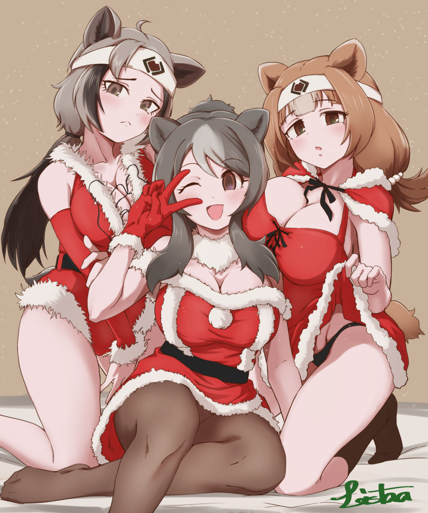 3girls absurdres alternate_costume animal_ears artist_name bare_legs bare_shoulders bear_ears bear_girl bear_tail belt bergman&#039;s_bear_(kemono_friends) black_hair black_panties blush breasts breasts_on_shoulders breasts_squeezed_together brown_eyes brown_hair capelet closed_mouth clothes_lift detached_collar detached_sleeves dress dress_lift empty_eyes ezo_brown_bear_(kemono_friends) flashing fur-trimmed_capelet fur-trimmed_dress fur-trimmed_leotard fur_collar fur_trim furrowed_brow gloves grey_hair hand_on_own_arm hand_up headband highres kemono_friends kneeling kodiak_bear_(kemono_friends) kyonin_dofu large_breasts leotard lifting_own_clothes long_hair looking_at_viewer multicolored_hair multiple_girls off-shoulder_dress off_shoulder one_eye_closed open_mouth panties pantyhose parted_lips pom_pom_(clothes) santa_costume short_dress sitting smile socks tail twintails two-tone_hair unaligned_breasts underwear v v_over_eye very_long_hair