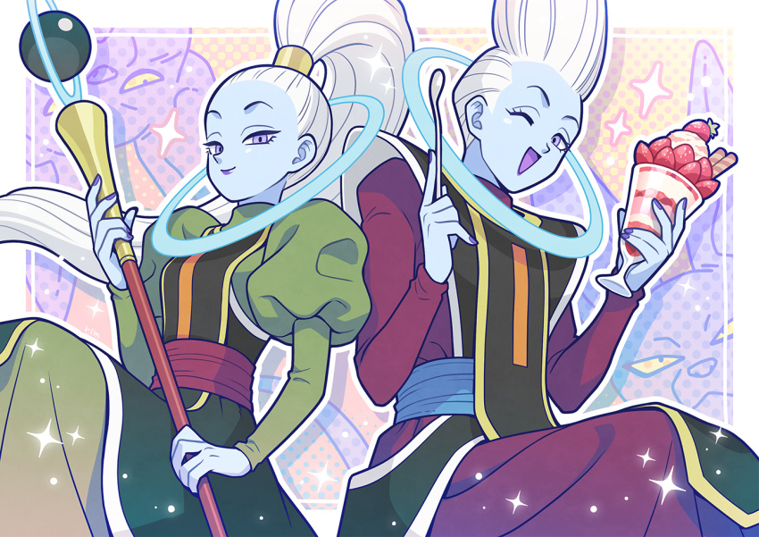 1girl 3boys beerus blue_skin border brother_and_sister brothers champa_(dragon_ball) closed_mouth colored_skin commentary_request dragon_ball dragon_ball_super dress floating_hair food green_dress high_ponytail holding holding_food holding_spoon holding_staff juliet_sleeves long_sleeves looking_at_viewer multiple_boys one_eye_closed open_mouth parfait ponytail puffy_sleeves purple_dress purple_lips purple_nails purple_skin rim1010 siblings sitting sparkle spoon staff strawberry_parfait vados_(dragon_ball) whis white_border white_hair