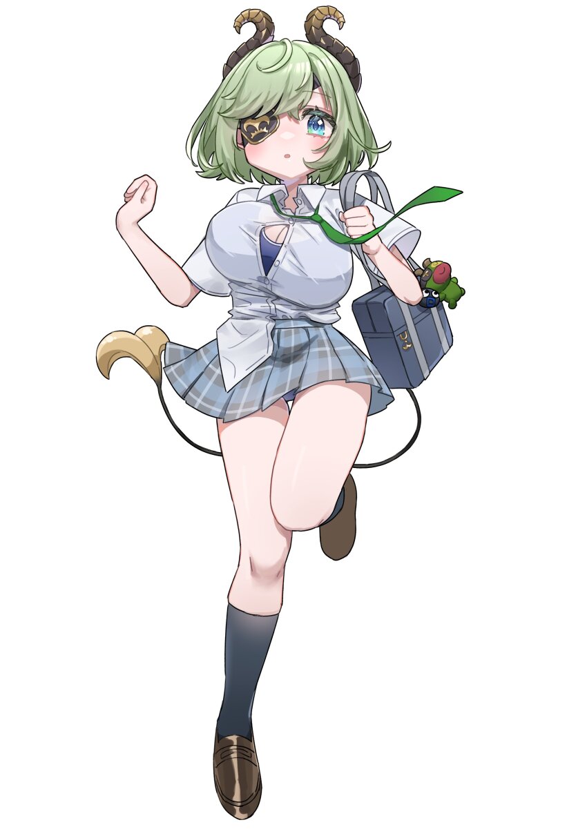 1girl absurdres bag bag_charm black_socks blue_eyes blue_skirt blush bouncing_breasts breasts brown_horns brown_shoes button_gap charm_(object) cleavage collared_shirt commentary curled_horns demon_girl demon_horns demon_tail expressionless eyepatch full_body green_hair grey_bag highres horns large_breasts loafers looking_at_viewer miniskirt nanashi_inc. open_mouth plaid_clothes plaid_skirt pleated_skirt running school_bag sekishiro_mico shirt shoes short_hair simple_background skirt socks solo symbol-only_commentary tail tamotsu_(mary) virtual_youtuber white_background white_shirt