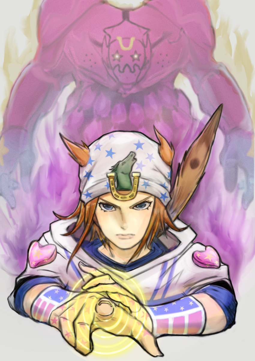 2boys american_flag american_flag_print beanie blue_eyes brown_hair feathers flag_print hat heart highres hood hood_down hooded_shirt johnny_joestar jojo_no_kimyou_na_bouken levvellevvel looking_at_viewer multiple_boys pointing print_headwear shirt short_hair stand_(jojo) star_(symbol) star_print steel_ball_run tusk_(stand) tusk_act4 upper_body white_headwear white_shirt