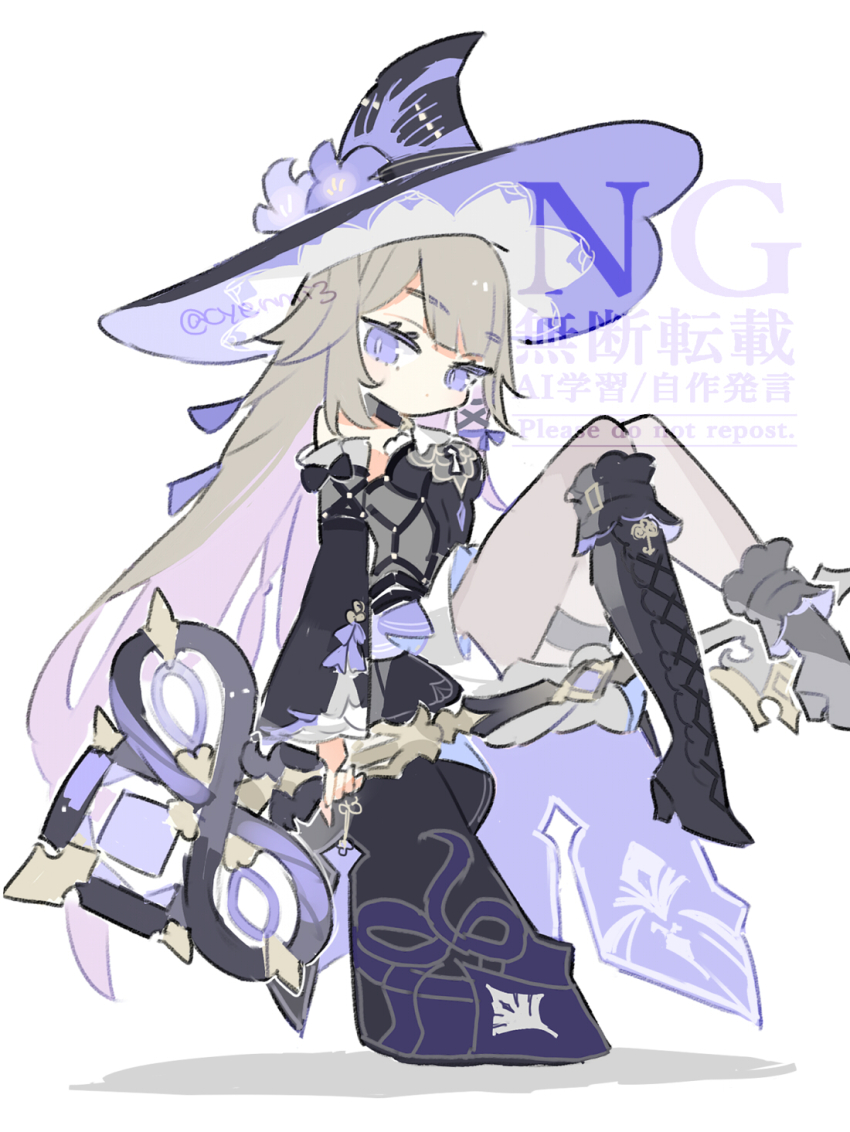 1girl artist_name black_boots black_choker black_dress black_hat black_sleeves boots bow breasts choker closed_mouth clothing_cutout colored_inner_hair cyenmi3 detached_sleeves dress flower full_body grey_hair grey_pantyhose hair_bow hair_ornament hairclip hat hat_flower hat_ornament herta_(honkai:_star_rail) highres holding holding_staff honkai:_star_rail honkai_(series) long_hair long_sleeves looking_at_viewer medium_breasts multicolored_hair pantyhose purple_bow purple_eyes purple_flower purple_hair shadow simple_background sitting sleeveless sleeveless_dress solo staff strapless strapless_dress the_herta_(honkai:_star_rail) thigh_strap watermark white_background wide_sleeves witch_hat x_hair_ornament