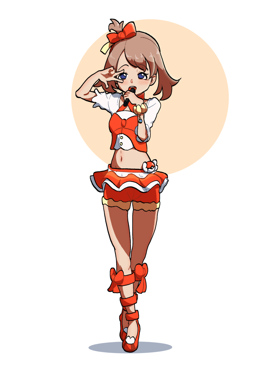 1girl 2049_(hh5566) absurdres blue_eyes blush breasts brown_hair embarrassed female_focus full_body halterneck heart high_heels highres idol legs looking_at_viewer may_(pokemon) may_(pokemon_oras) medium_hair midriff music navel nintendo no_socks official_alternate_costume official_alternate_hairstyle open_mouth pink_footwear pokemon pokemon_oras ribbon-trimmed_legwear ribbon_trim short_sleeves shorts shorts_under_skirt showgirl_skirt side_ponytail sidelocks singing small_breasts standing swept_bangs thighs v v_over_eye