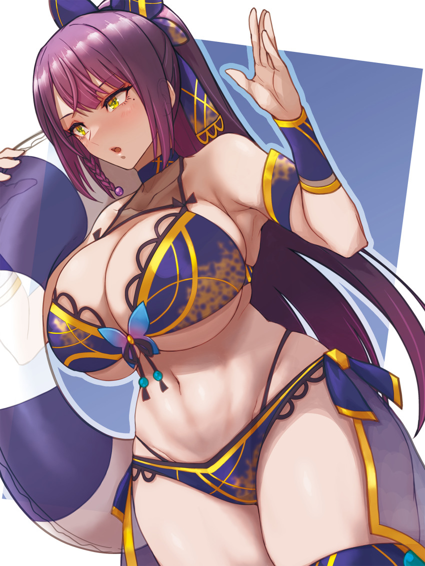 1girl absurdres arm_strap armpit_crease assault_lily bare_shoulders bikini blue_background blue_bikini blue_bow blush bow braid breasts cleavage collarbone commentary_request cowboy_shot dated_commentary dutch_angle floral_print front-tie_bikini_top front-tie_top funada_kiito green_eyes groin hair_bow halterneck hands_up high_ponytail highres holding holding_swim_ring huge_breasts innertube long_hair looking_ahead mabuta_kayumi mole mole_under_eye multi-strapped_bikini_bottom navel official_alternate_costume official_alternate_hairstyle parted_lips ponytail print_bikini purple_hair see-through_clothes side_braid single_braid solo stomach swim_ring swimsuit thick_thighs thigh_strap thighs transparent two-tone_background underboob very_long_hair white_background wrist_cuffs