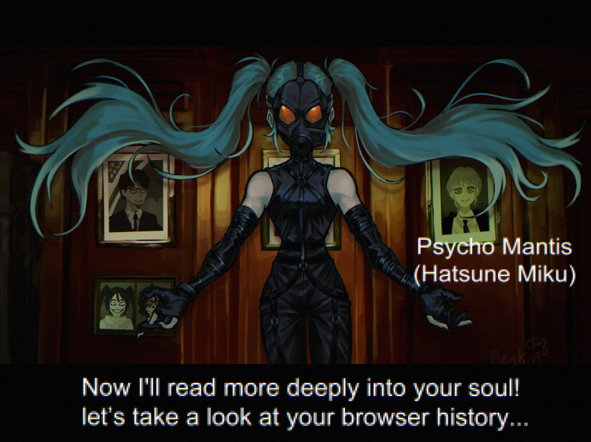 1girl absurdres aqua_hair black_gloves chainsaw_man character_name commentary cosplay elbow_gloves english_commentary english_text fourth_wall gas_mask gloves hatsune_miku highres kojima_hideo long_hair makima_(chainsaw_man) mask metal_gear_(series) metal_gear_solid parody partially_fingerless_gloves portrait_(object) psycho_mantis psycho_mantis_(cosplay) real_life reykun solo subtitled twintails very_long_hair vocaloid