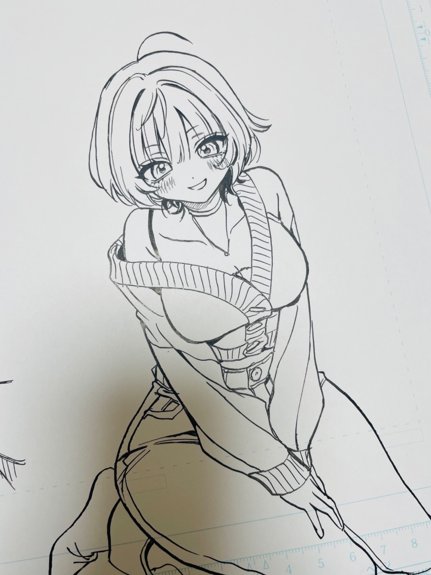 1girl :d akiyama_enma blush breasts cardigan cleavage collarbone commentary_request full_body greyscale hair_intakes highres jewelry large_breasts looking_at_viewer manuscript_paper monochrome necklace nib_pen_(medium) noa-senpai_wa_tomodachi. open_mouth pants pen_(medium) photo_(medium) saotome_noa short_hair simple_background sitting smile solo strap traditional_media white_background