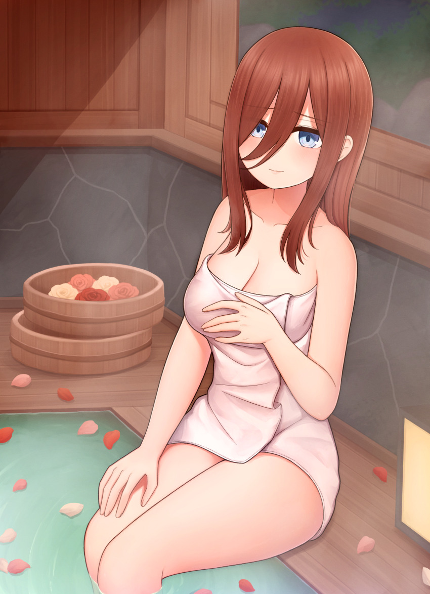 1girl absurdres atorie bare_legs blue_eyes breasts brown_hair bucket cleavage closed_mouth collarbone flower go-toubun_no_hanayome hair_between_eyes hand_up highres indoors large_breasts long_bangs long_hair looking_at_viewer nakano_miku naked_towel onsen petals petals_on_liquid raised_eyebrows rose sitting soaking_feet solo steam thighs towel water