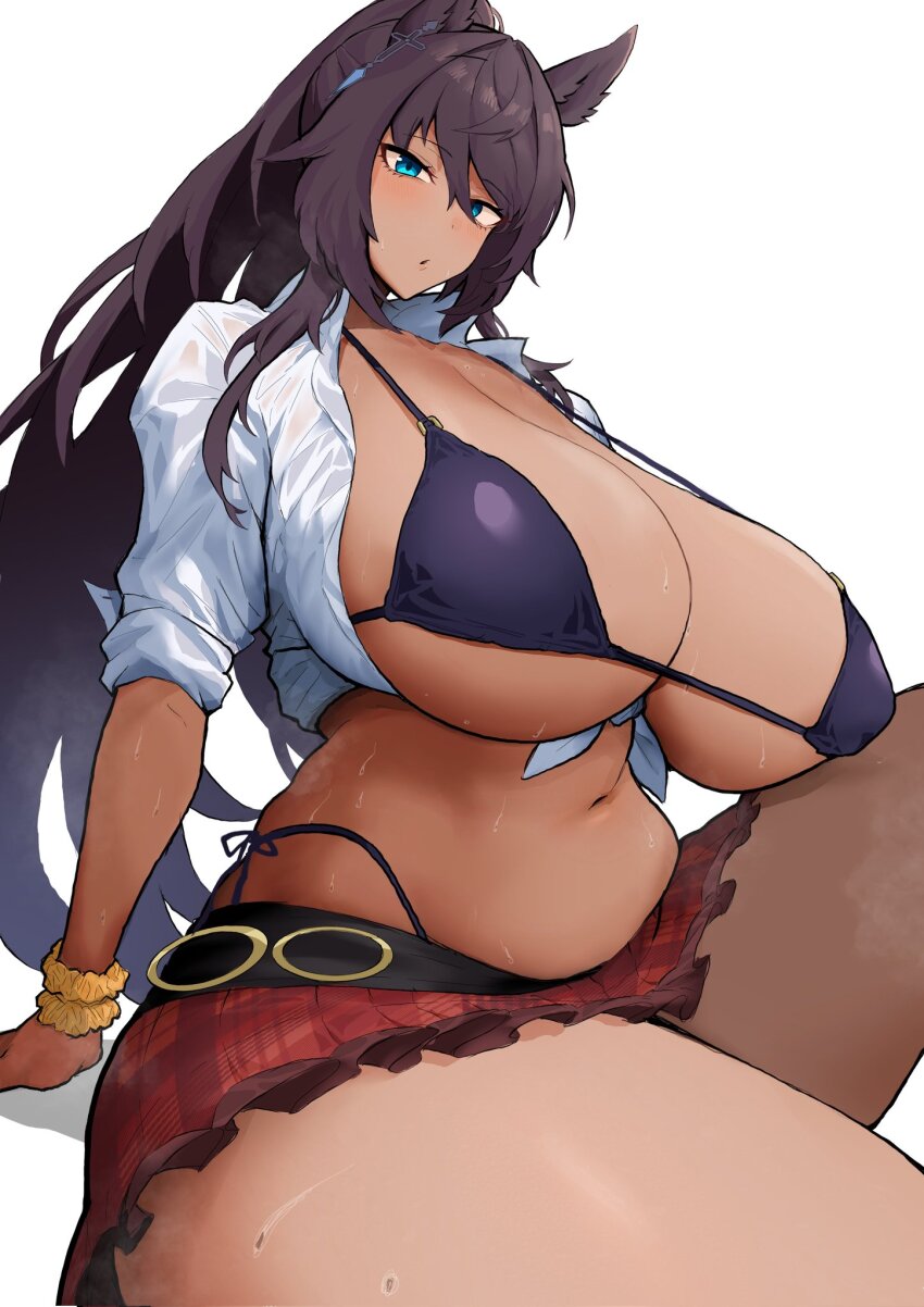 1girl animal_ears bikini black_bikini black_hair blue_eyes blush breasts chestnut_mouth commentary_request curvy dark-skinned_female dark_skin dashi_kani earrings highres horse_ears horse_girl horse_tail huge_breasts jewelry long_hair microskirt navel plaid_clothes plaid_skirt plump ponytail red_skirt shirt sidelocks simple_background single_earring skirt solo stomach sweatdrop swimsuit symboli_kris_s_(umamusume) tail thick_thighs thighs tied_shirt umamusume very_long_hair white_background white_shirt wide_hips