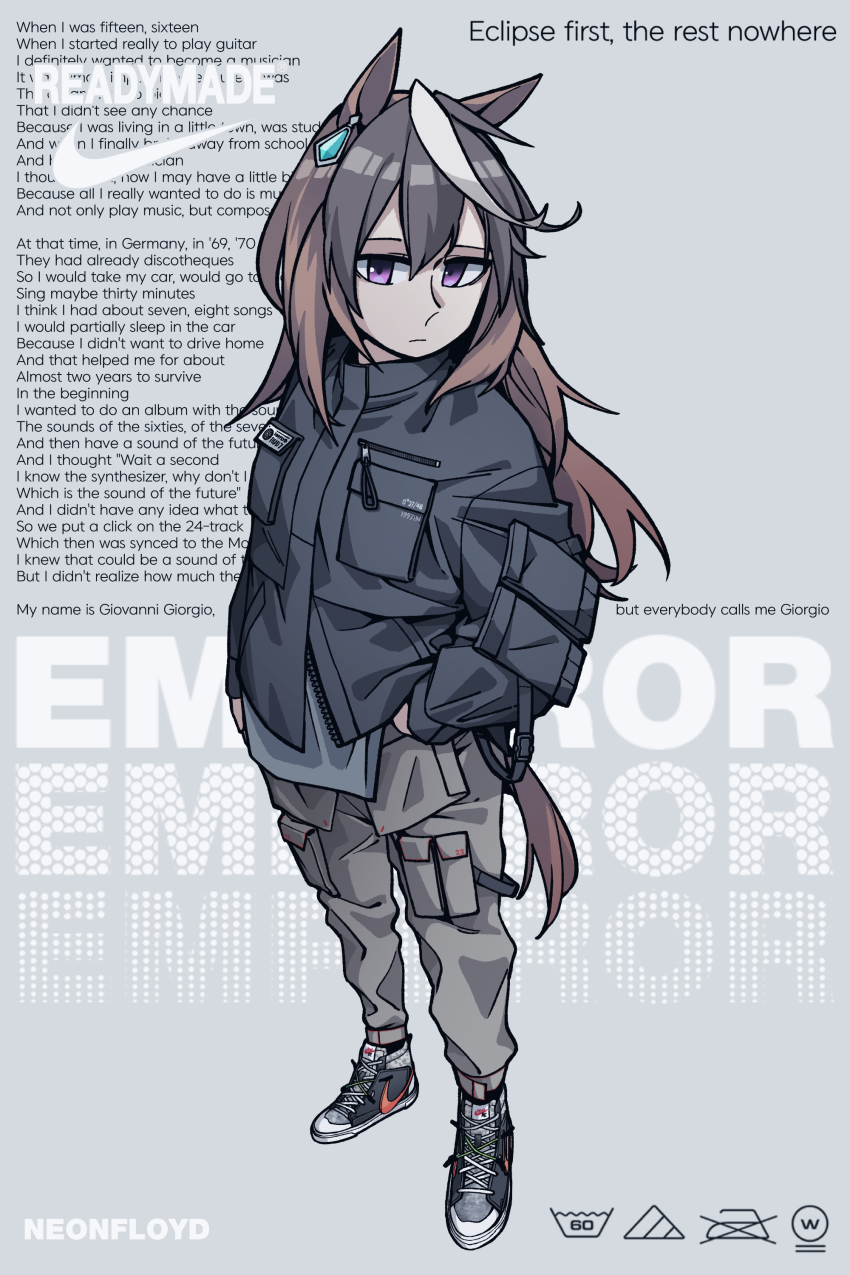1girl absurdres ado_(utaite) alternate_costume animal_ears black_hair brown_hair cargo_pants character_name clothes_iron commentary daft_punk earrings english_commentary english_text grey_background highres horse_ears horse_girl horse_tail jewelry long_hair multicolored_hair neonfloyd nike_(company) pants parka purple_eyes readymade_(ado) shoes signature single_earring sneakers solo symboli_rudolf_(umamusume) tail text_focus umamusume white_hair