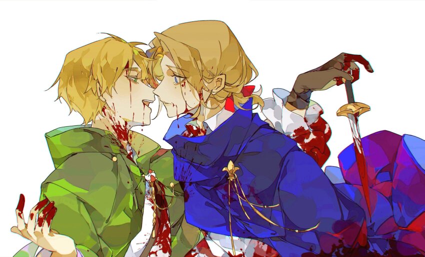 2boys absurdres axis_powers_hetalia blood blood_in_hair blood_on_clothes blood_on_face blood_on_hands bloody_weapon cloak cyuer11 face-to-face fleur-de-lis france_(hetalia) gloves green_cloak green_eyes highres holding holding_knife hood hooded_cloak knife male_focus multiple_boys open_mouth purple_cloak purple_eyes simple_background smile tearing_up united_kingdom_(hetalia) upper_body weapon white_background yaoi