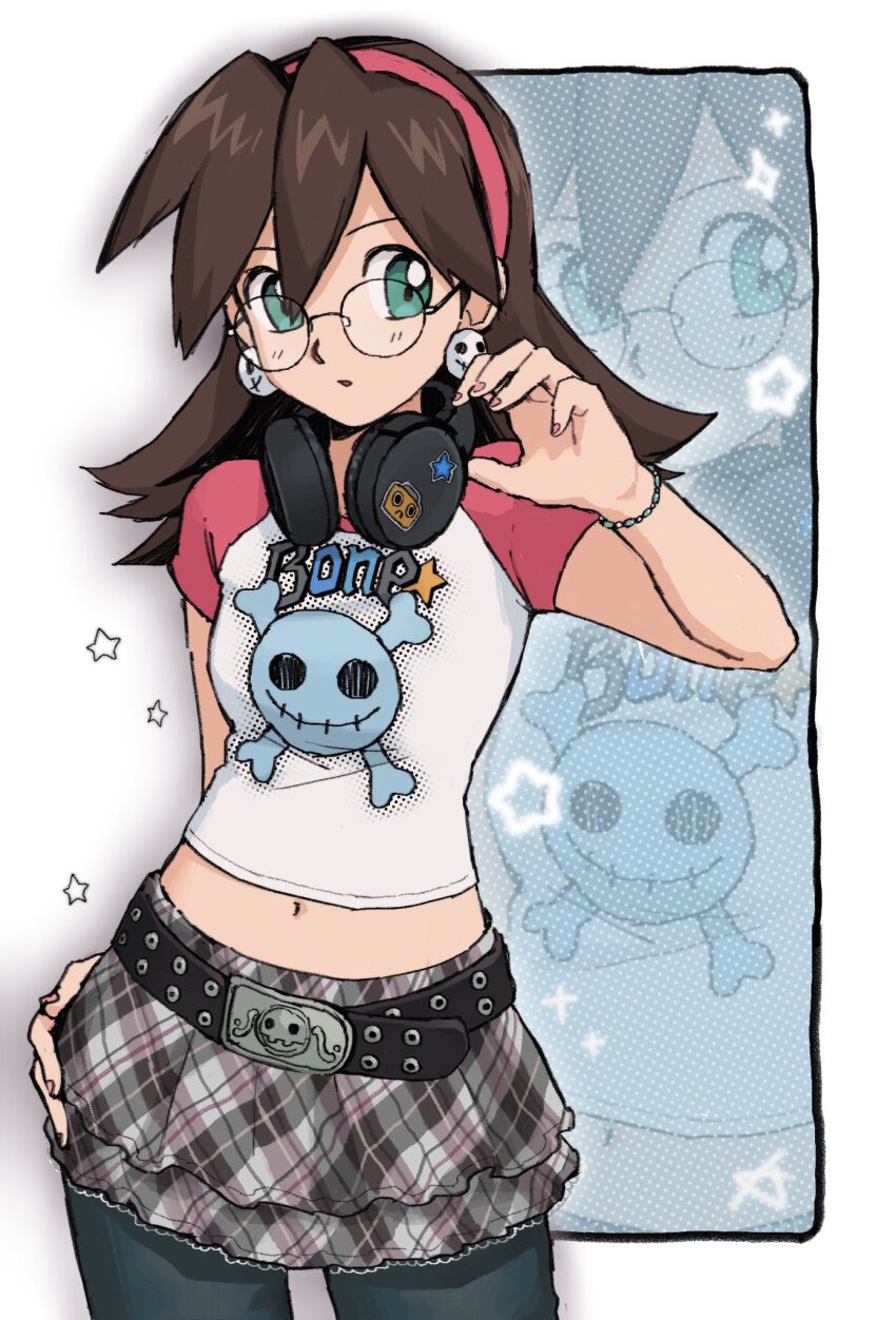 1girl alternate_costume blue_eyes blue_pants brown_hair cowboy_shot earrings glasses grey_skirt headphones headphones_around_neck highres jewelry karen_(karenoni1031) medium_hair mega_man_(series) mega_man_legends_(series) multicolored_shirt pants pink_shirt print_shirt pun raglan_sleeves round_eyewear shirt skirt skull_earrings skull_print solo_focus text_print tron_bonne_(mega_man) white_background white_shirt zoom_layer
