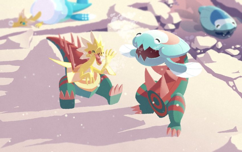 &gt;_&lt; arctovish arctozolt blurry bubble closed_eyes commentary_request dracovish dracozolt gen_8_pokemon ice komepan nintendo no_humans open_mouth pokemon pokemon_(creature) sharp_teeth smile standing swimming teeth tongue water