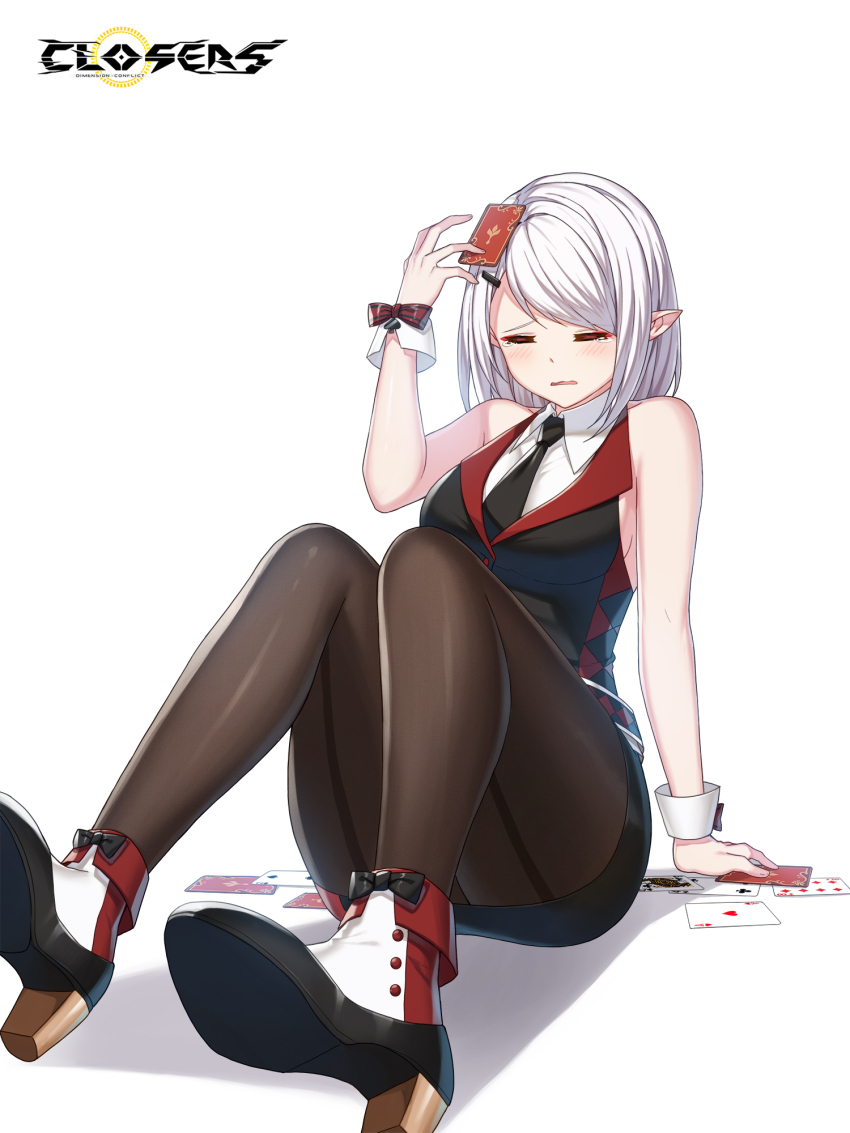 1girl =_= ace_(playing_card) ace_of_hearts ankle_boots arm_support back-seamed_legwear bare_arms bare_shoulders belt black_belt black_boots black_bow black_necktie black_pantyhose black_skirt black_vest blush bob_cut boots bow breasts card closed_eyes closers collared_shirt copyright_name croupier dress_shirt eight_of_diamonds_(playing_card) fallen_down fold-over_boots footwear_bow four_of_clubs full_body furrowed_brow hand_up heart high_heels highres knees_up levia_(closers) logo medium_breasts miniskirt multicolored_boots necktie object_on_head official_art on_ground pantyhose parted_lips pencil_skirt playing_card pointy_ears queen_(playing_card) queen_of_clubs red_bow seamed_legwear shadow shirt short_hair sideboob sitting skirt sleeveless sleeveless_shirt solo swept_bangs tachi-e tearing_up two-tone_boots two_of_spades vest waistcoat wavy_mouth white_background white_boots white_hair white_shirt white_wrist_cuffs wrist_bow wrist_cuffs