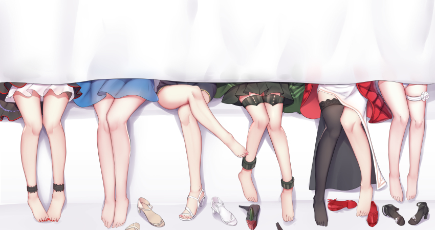 absurdres anklet bad_id bad_pixiv_id barefoot black_footwear black_legwear crossed_legs flower formidable_(warship_girls_r) highres jean.organ jewelry legs lexington_(warship_girls_r) lower_body missouri_(warship_girls_r) nail_polish prince_of_wales_(warship_girls_r) red_footwear rose sandals sitting toenail_polish toenails toes under_table unworn_sandals warship_girls_r white_flower white_footwear white_rose wisconsin_(warship_girls_r) zuikaku_(warship_girls_r)