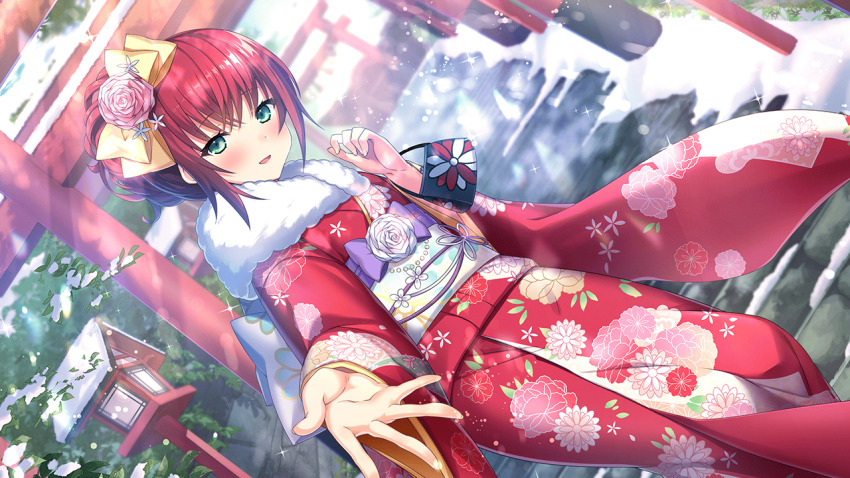 1girl akai_asaka architecture blush box cherry_blossom_print deep_one_kyomu_to_mugen_no_fragment dutch_angle east_asian_architecture floral_print flower fur-trimmed_kimono fur_collar fur_trim furisode gift gift_box green_eyes hair_flower hair_ornament japanese_clothes kimono long_sleeves looking_at_viewer multiple_torii natsuhiko new_year non-web_source obi outdoors outstretched_arm outstretched_hand parted_lips pink_flower pink_rose print_kimono reaching reaching_towards_viewer red_hair red_kimono rope rose rose_print sash shimenawa shrine sidelocks skirt snow snowflake_print snowflakes solo sparkle sparkle_background spread_fingers stairs torii tree white_flower white_rose wide_sleeves