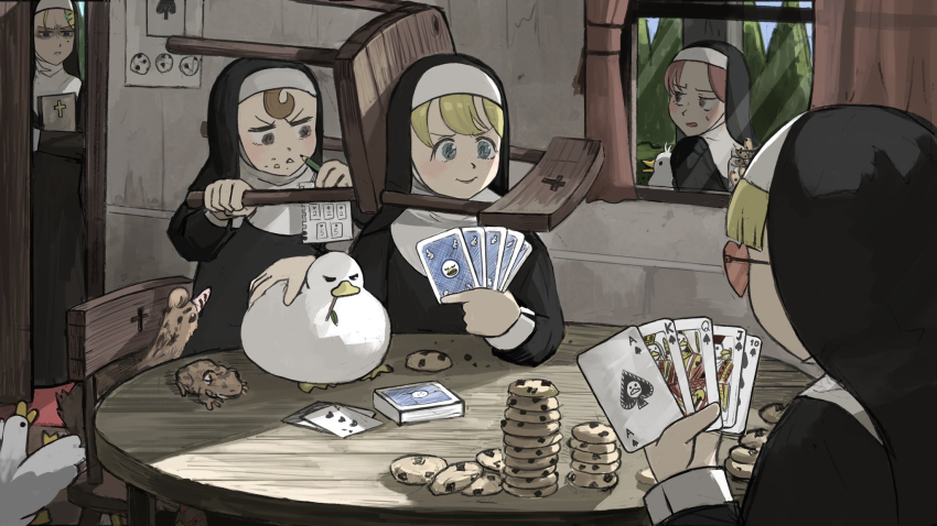 5girls ace_(playing_card) ace_of_spades baby_animal bible_(object) bird blonde_hair blue_eyes book brown_eyes brown_hair card chair cheating_(competitive) chick chicken chocolate_chip_cookie clumsy_nun_(diva) commentary cookie cookie_jar cross day diva_(hyxpk) drawing duck english_commentary five_of_hearts five_of_spades flower food food_on_face frog froggy_nun_(diva) full_house_(poker) gambling habit hair_flower hair_ornament hairclip heart heart-shaped_eyewear highres holding holding_book holding_card holding_paper holding_pencil hugging_book hugging_object hungry_nun_(diva) indoors jack_(playing_card) jack_of_spades king_(playing_card) king_of_spades little_nuns_(diva) mixed-language_commentary mole mole_under_eye mouth_hold multiple_girls nun on_table open_door ostrich paper peeking pencil pillar playing_card playing_games poker poster_(object) queen_(playing_card) queen_of_spades_(playing_card) red_hair round_table royal_flush shaded_face slice_of_life smile spade_(shape) spicy_nun_(diva) spread_wings strict_nun_(diva) stuck table ten_of_spades tinted_eyewear traditional_nun tree triangle_mouth twig two_of_clubs two_of_diamonds two_of_hearts under_table window wooden_chair wooden_table