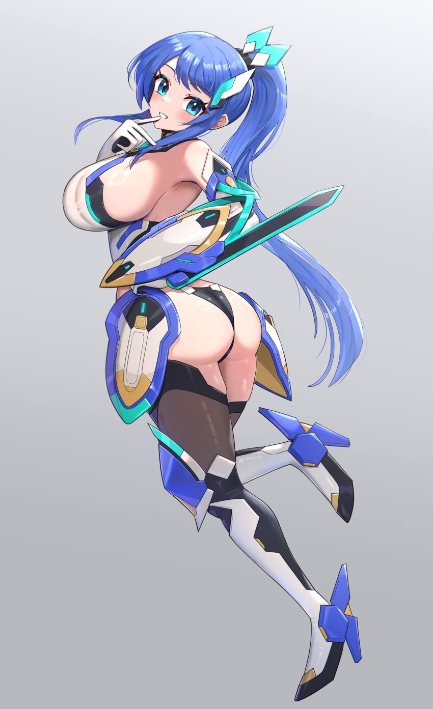 1girl absurdres alyssa_(specktech) ass blue_eyes blue_hair blush breasts brown_thighhighs commentary commission elbow_gloves english_commentary from_behind full_body gloves gonzarez grey_background grin highres large_breasts long_hair looking_at_viewer original second-party_source side_ponytail simple_background smile solo teeth thighhighs very_long_hair white_gloves