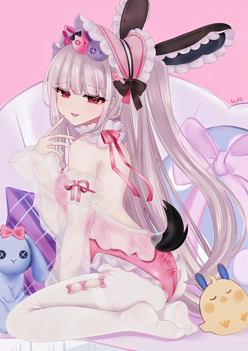 1girl absurdres animal_ears ass azur_lane bonnet fake_animal_ears frilled_leotard frills halford_(a_special_day_with_the_bunny_lord)_(azur_lane) halford_(azur_lane) highres leotard long_hair looking_at_viewer manjuu_(azur_lane) n_(mmi) official_alternate_costume one_side_up pantyhose parted_lips pink_bonnet pink_leotard playboy_bunny rabbit_ears red_eyes sitting smile white_hair white_pantyhose