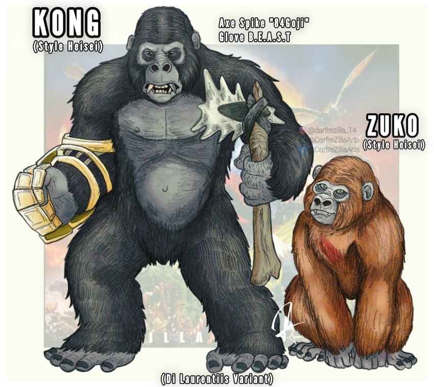 animal ape axe b.e.a.s.t._glove battle_axe black_fur bone_axe bone_weapon brown_fur claws colored_skin crossover darfrezillaarts fangs gauntlets godzilla_(series) godzilla_x_kong:_the_new_empire gorilla green_eyes grey_skin heisei highres holding holding_axe holding_weapon kaiju king_kong king_kong&#039;s_battle_axe king_kong_(series) kong_(monsterverse) legendary_pictures monsterverse muscular no_humans oversized_animal retro_artstyle sharp_teeth single_gauntlet skar_king suko_(monsterverse) teeth weapon