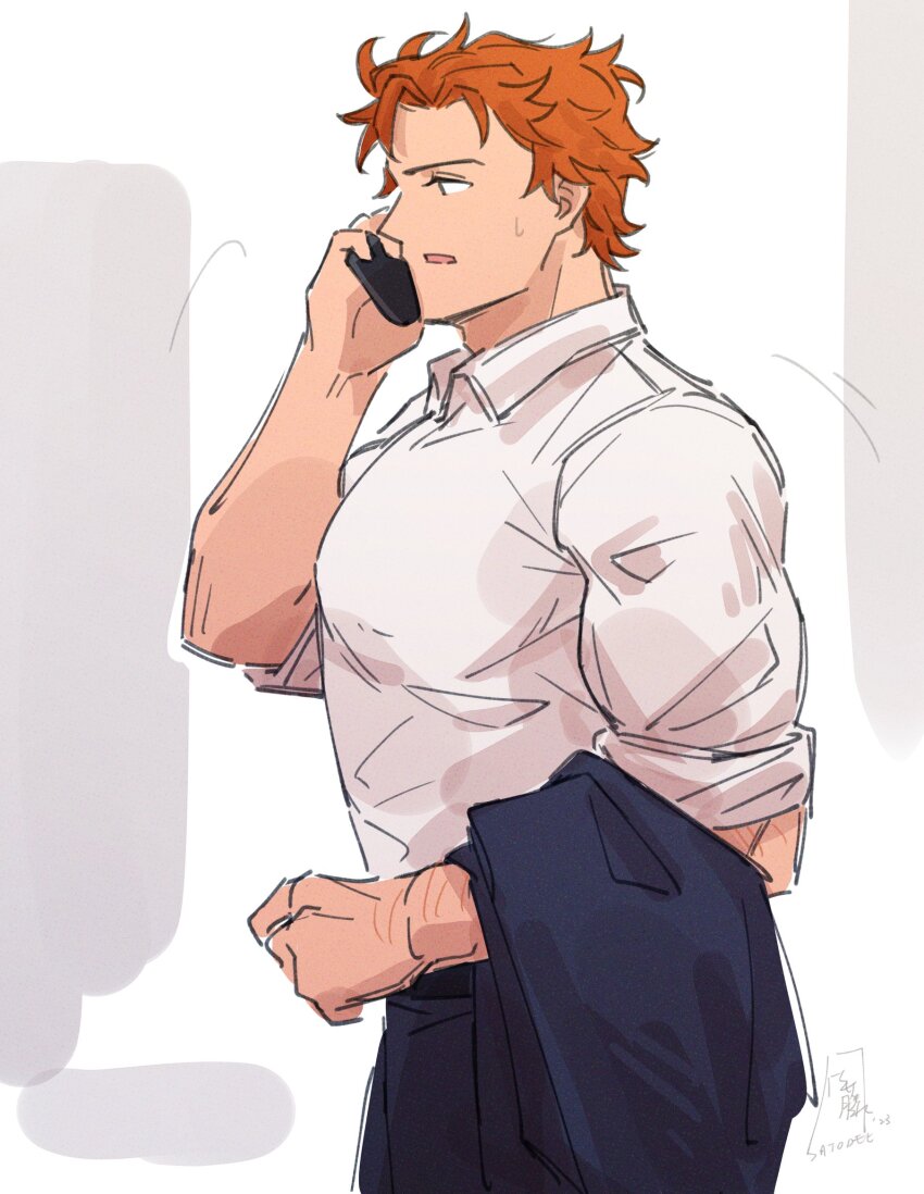 1boy arm_up blue_pants cellphone collared_shirt contemporary cowboy_shot dated fire_emblem fire_emblem:_three_houses highres holding holding_phone holding_unworn_clothes large_pectorals looking_ahead looking_down male_focus nintendo open_mouth orange_hair pants pectorals phone profile satodee shirt signature sketch sleeve_cuffs solo sweat sweatdrop sylvain_jose_gautier twitter_username unworn_clothes wavy_hair white_shirt