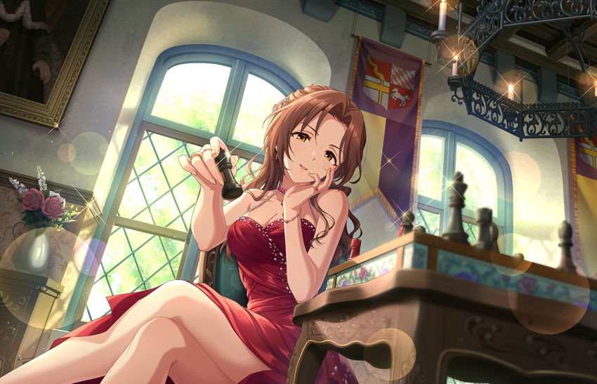 1girl breasts brown_hair chess_piece cleavage crossed_legs dress earrings forehead game_cg idolmaster idolmaster_cinderella_girls idolmaster_cinderella_girls_starlight_stage jewelry kawashima_mizuki medium_breasts official_art red_dress ring solo window yellow_eyes