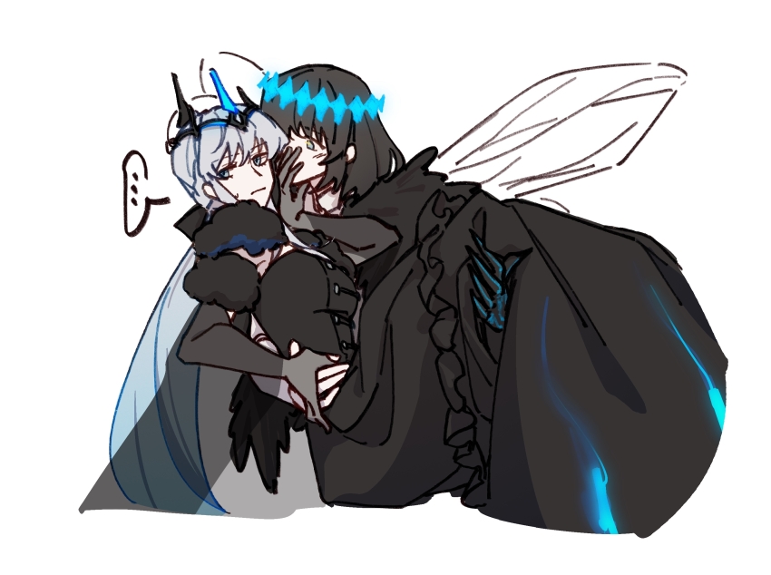 1boy 1girl black_dress black_gloves black_hair blue_eyes dress fate/grand_order fate_(series) fur_trim gloves hair_between_eyes highres insect_wings long_hair morgan_le_fay_(fate) oberon_(fate) oberon_(third_ascension)_(fate) short_hair simple_background tiara white_hair wings yebeiming