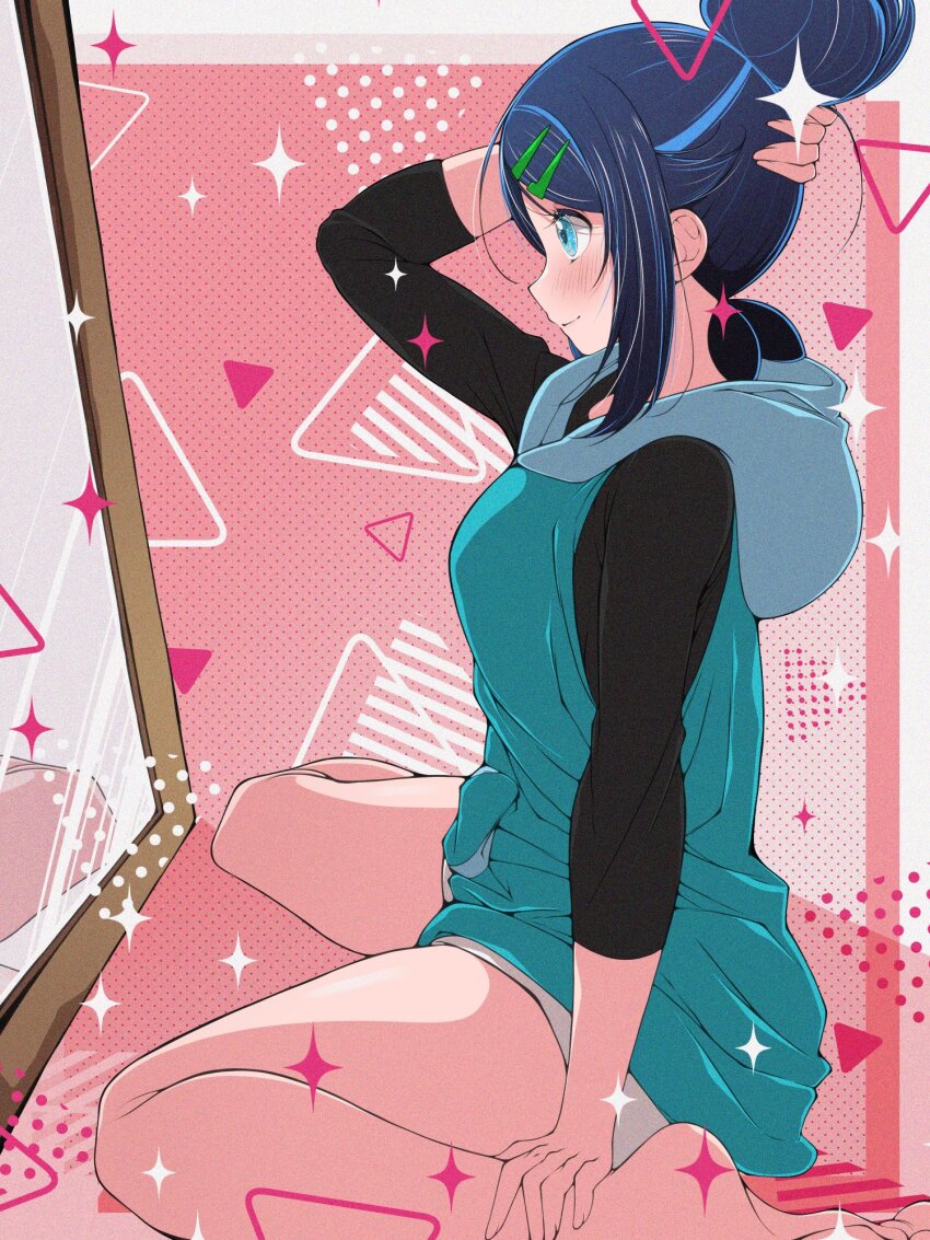 1girl black_hair blue_eyes blush closed_mouth cowlick creatures_(company) eyelashes fujiwara_hiro_(kaede_ciao) game_freak hair_bun hair_ornament hairclip highres holding hood hood_down hoodie liko_(pokemon) long_sleeves looking_at_mirror mirror nintendo pokemon pokemon_(anime) pokemon_horizons shirt shorts sitting sleeveless smile wariza