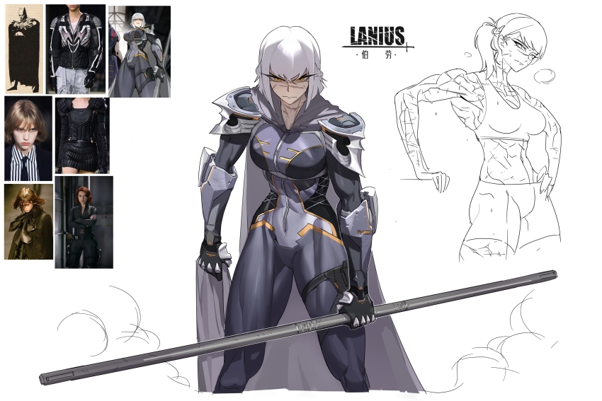 1girl absurdres aierlaobo bike_shorts breasts cape character_name cleavage commentary facial_scar frown grey_cape grey_hair hand_on_own_hip highres holding holding_polearm holding_weapon medium_breasts original photo_inset polearm ponytail reference_inset scar scar_on_arm scar_on_cheek scar_on_face scar_on_leg scar_on_nose scar_on_shoulder scar_on_stomach scars_all_over shoulder_plates sports_bra thighs toned toned_female too_many weapon white_hair yellow_eyes